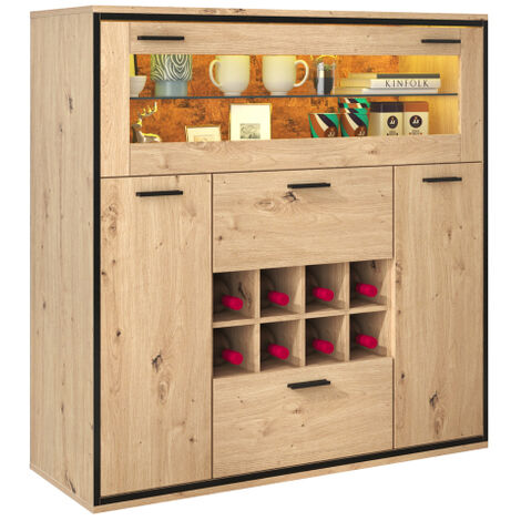 Buffet, cave à vin élégante avec portes doubles, étagère en verre et porte-bouteilles , en bois