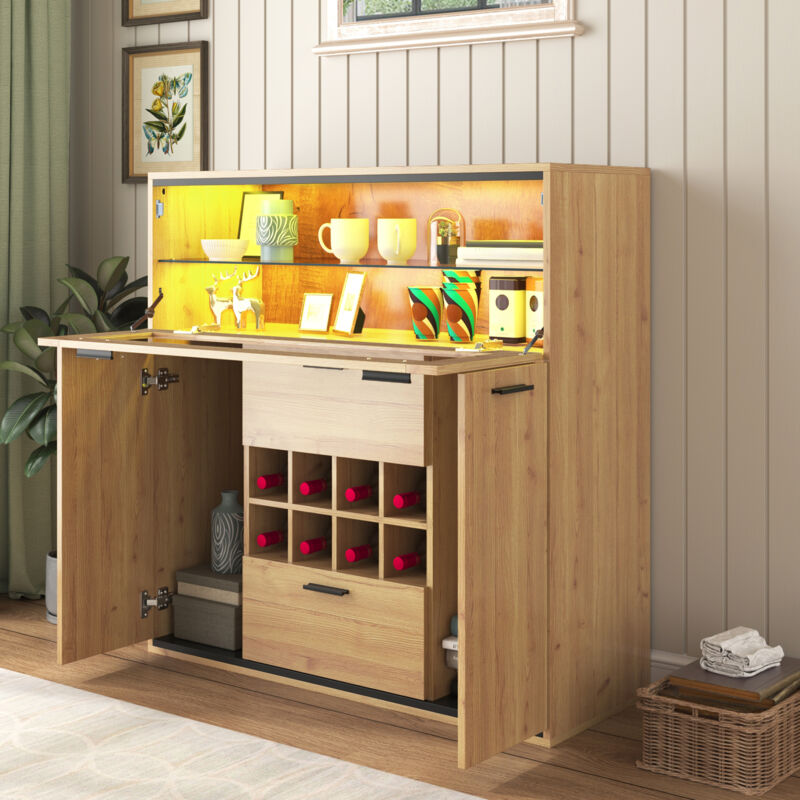 Okwish - Buffet, cave à vin avec portes doubles, deux tiroirs, porte-bouteilles et étagère en verre