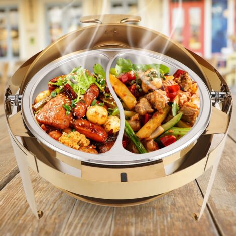 Buffet Chafing Dish Set 6L Stainless Steel Gold Alcohol Heating Event Catering Food Warmer with Visible Lid 2 Compartments for Party Holiday