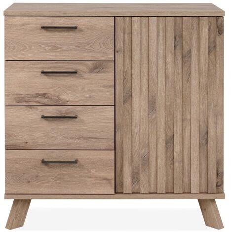 Buffet chêne 4 tiroirs 1 porte L85 cm – Panneaux mélaminés et MDF – Style chaleureux avec façade tasseaux – Prêt à monter