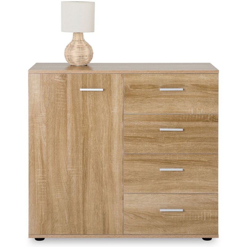 Buffet CHICAGO commode meuble de rangement en mélaminé décor chêne sonoma, avec 4 tiroirs et 1 porte - Chêne Sonoma