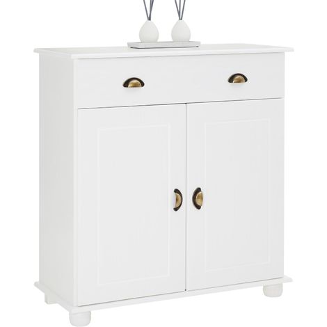 Buffet COLMAR commode bahut vaisselier meuble bas rangement avec 1 tiroir et 2 portes, en pin massif lasuré blanc et brun