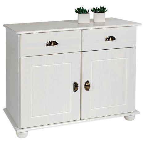 Buffet COLMAR commode bahut vaisselier meuble bas rangement avec 2 tiroirs et 2 portes, en pin massif lasuré blanc et brun - Blanc/Brun