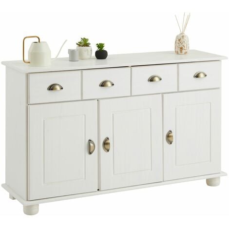 Buffet COLMAR commode bahut vaisselier meuble bas rangement avec 2 tiroirs et 3 portes, en pin massif lasuré blanc - Blanc
