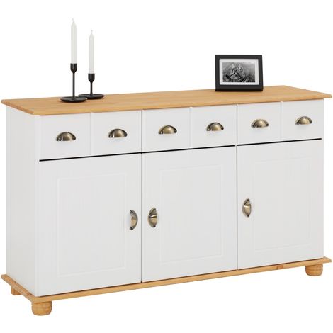 Buffet COLMAR commode bahut vaisselier meuble bas rangement avec 3 tiroirs et 3 portes, en pin massif lasuré blanc et taupe - blanc/taupe