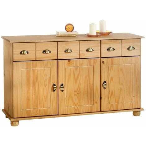 Buffet COLMAR commode bahut vaisselier meuble bas rangement avec 3 tiroirs et 3 portes, en pin massif lasuré blanc et taupe - blanc/taupe