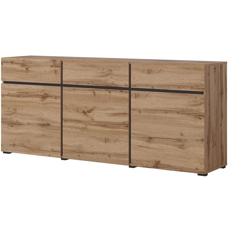 Buffet coloris chêne et noir 180cm collection havana. Bahut design avec 3 portes et 3 tiroirs.