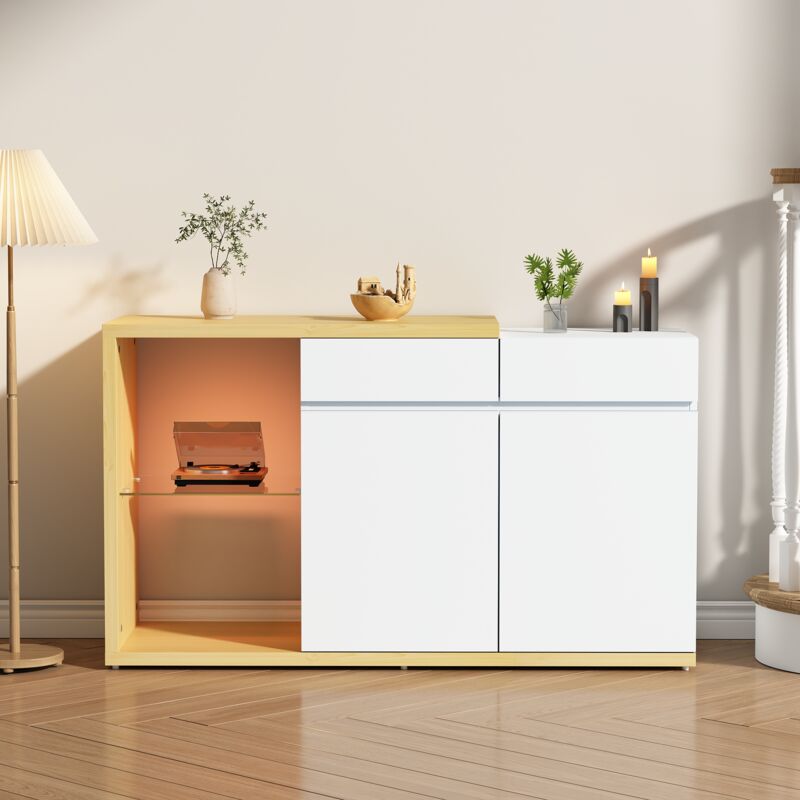 Buffet commode 120 cm, avec éclairage led, multifonctionnel, 2 portes, 2 tiroirs, blanc