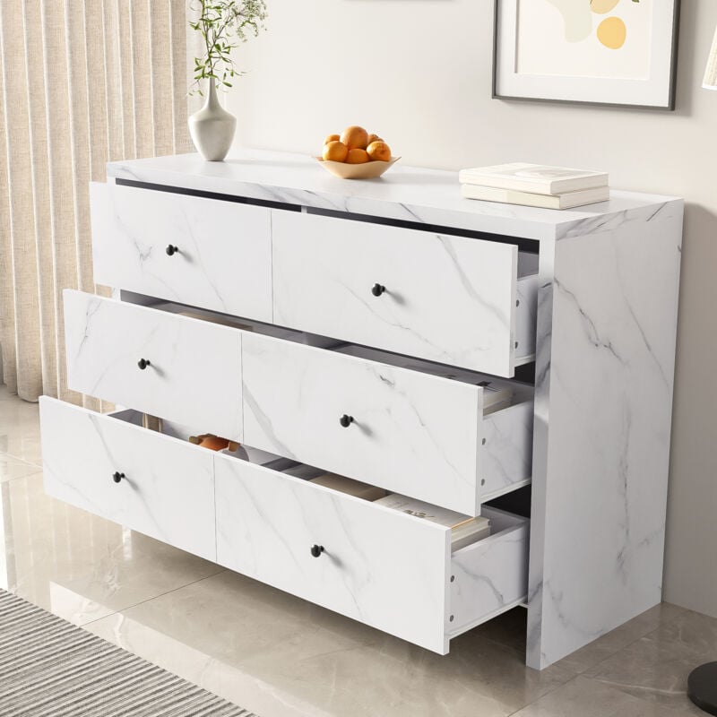 Buffet, commode 120x40x80cm, placage marbre, meuble de rangement, 6 tiroirs, blanc