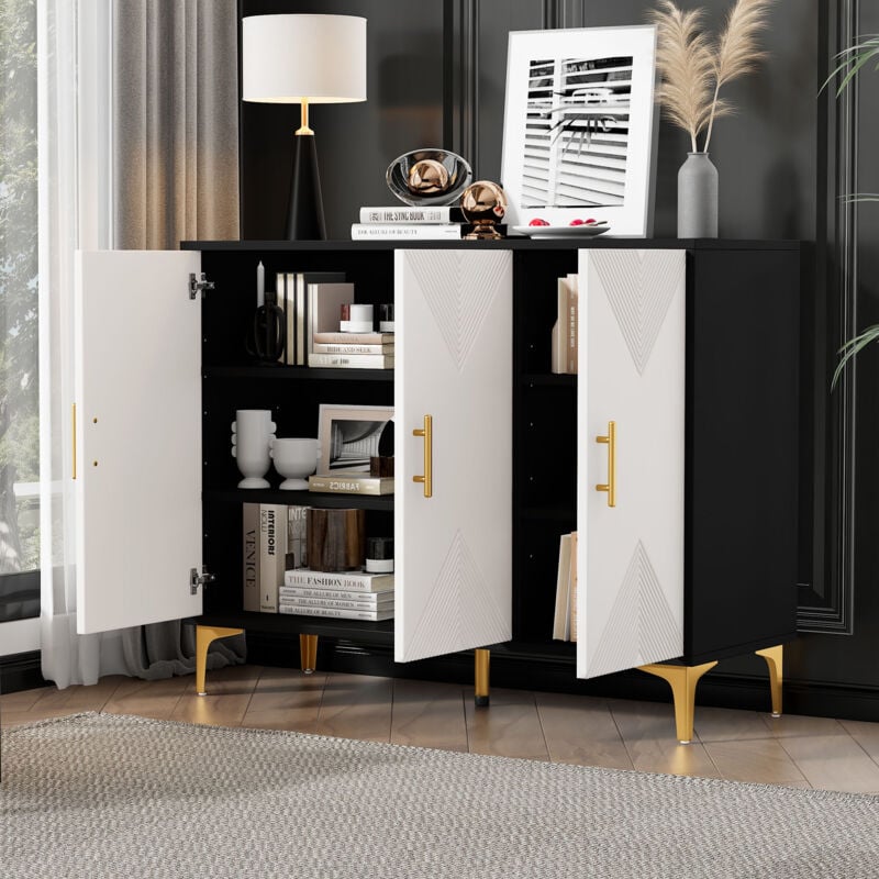 Buffet, commode, 120x40x88 cm, meuble de rangement avec poignées et pieds dorés, chambre/salon, noir + blanc