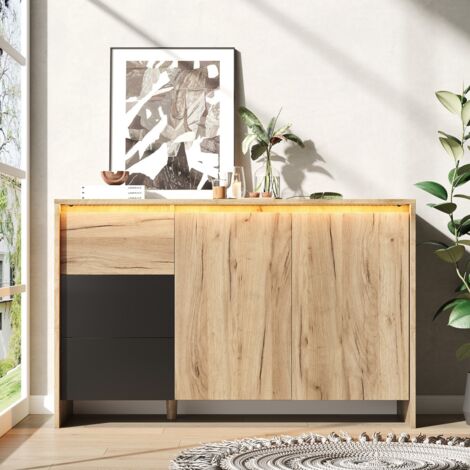 Buffet commode 3 tiroirs 2 portes LED multicolore, meuble bois noir salon entrée 120x40x76cm - Naturel