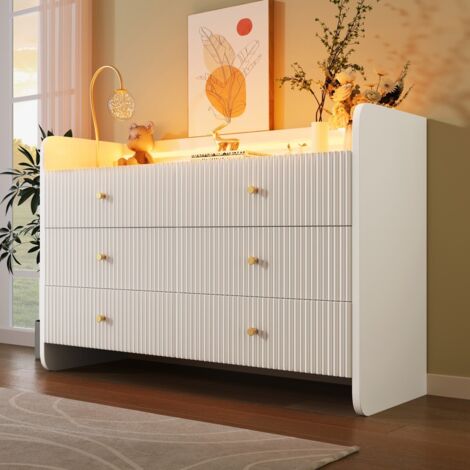 Buffet commode 6 tiroirs avec LED – Design ondulé moderne – Salon/chambre – Blanc – 120x40x75 cm
