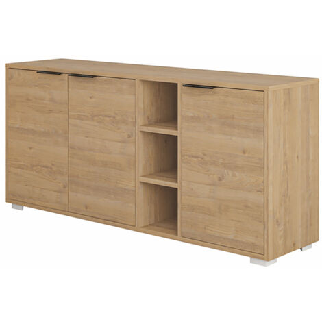 Buffet commode à 3 portes Meuble de rangement coloris Chêne - Longueur 142 x Hauteur 66 x Profondeur 36 cm