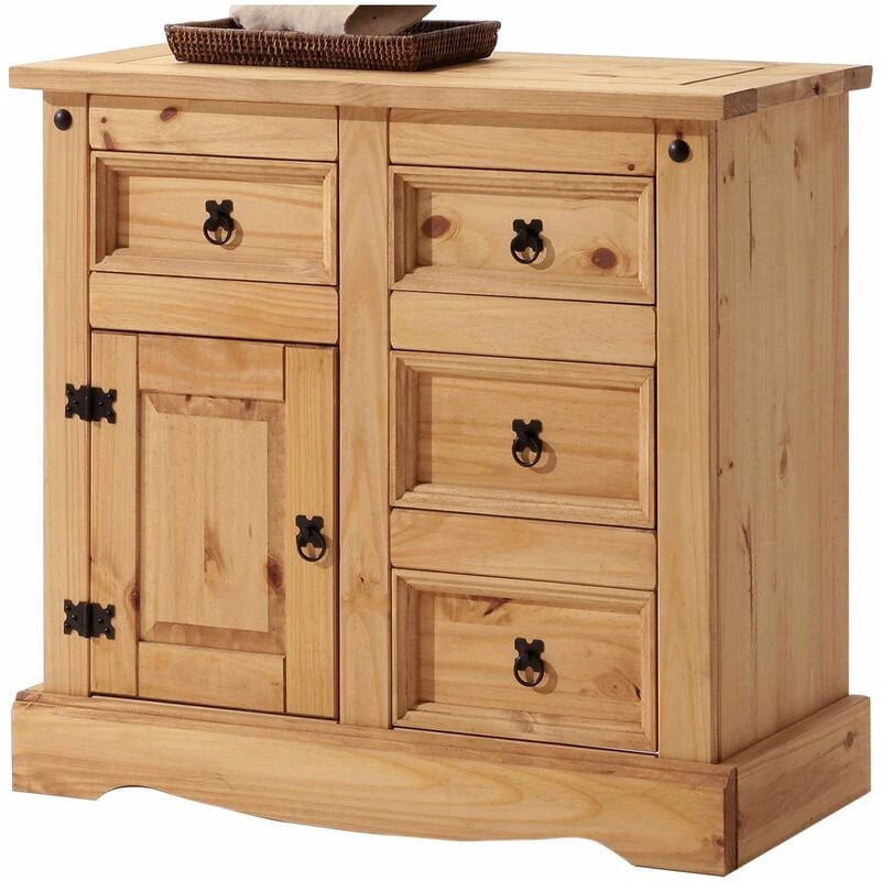 Idimex - Commode TEQUILA buffet bahut vaisselier en bois style mexicain avec 4 tiroirs et 1 porte, en pin massif à la finition cirée - Finition