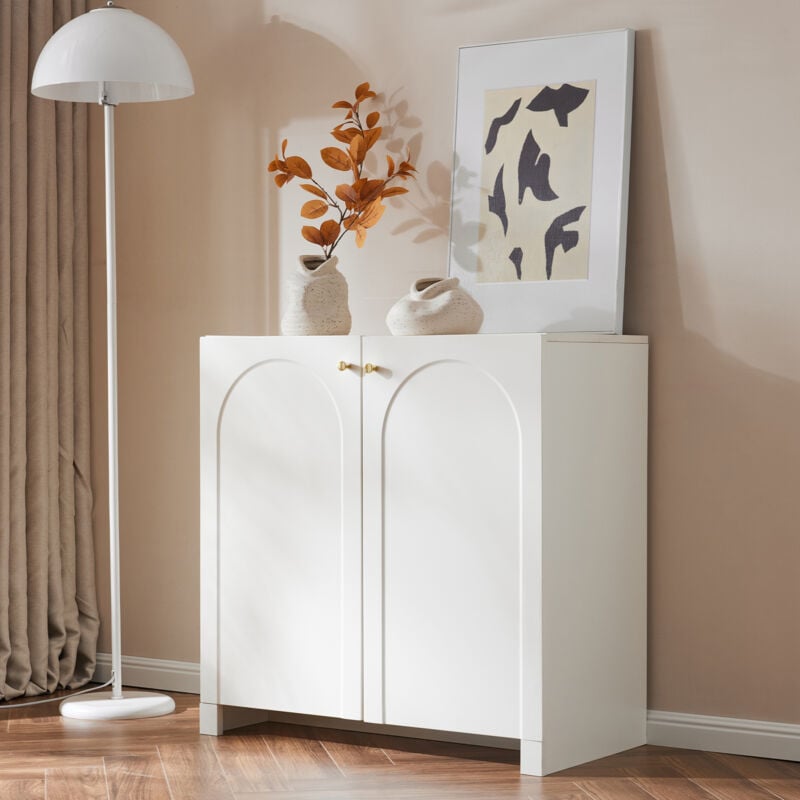 Okwish - Buffet haut, commode blanc, armoire à 2 portes, blanc crème, 80x40x80 cm