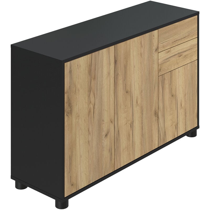 Buffet, Commode avec 3 Portes et 2 tiroirs, Noir Mat/Chêne nature - Longueur 117 x Hauteur 74 x Profondeur 37.5 cm Pegane