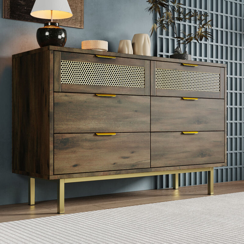 Okwish - Buffet en grain de bois, commode marron foncé avec 6 tiroirs et poignées en métal, pour couloir, chambre et salon, 120x40x76 cm