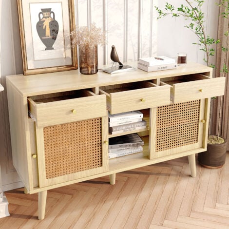 Buffet, commode avec 3 tiroirs et 3 portes coulissantes, tissage de rotin, étagères réglables, 120x40x78 cm, Couleur naturelle