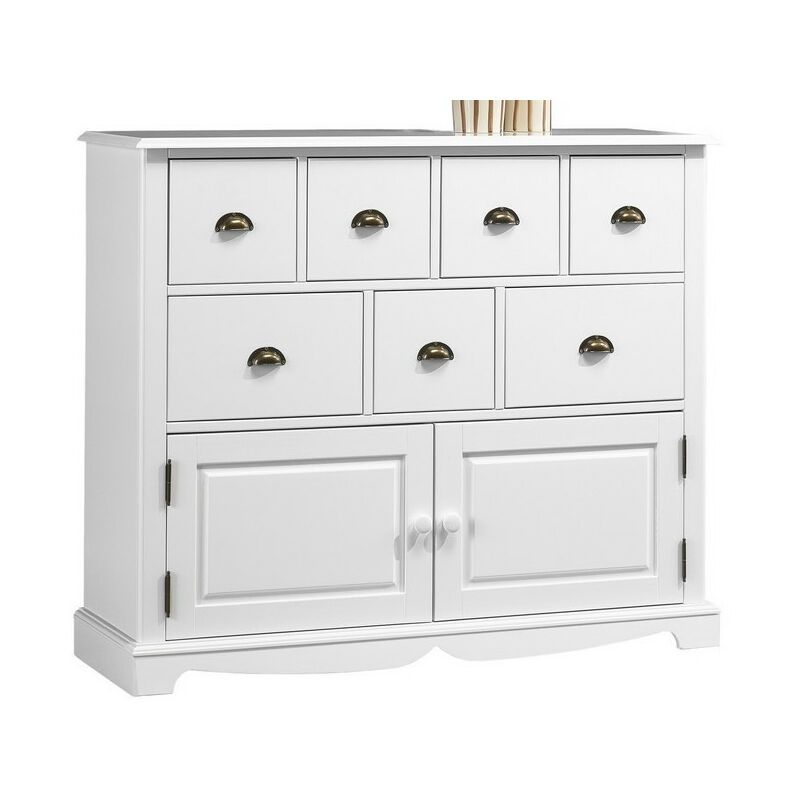 Buffet Commode Blanc 2 Portes 7 Tiroirs Style Anglais l 117 h 97 p 38 cm - Blanc