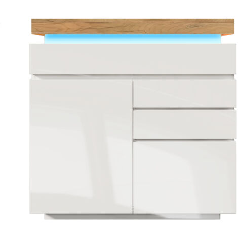 Buffet Commode Blanche Haute Brillance 115x110x39cm, 2 Portes 3 Tiroirs LED App, Salon