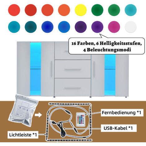 OHJIJINN Buffet commode buffet meuble de rangement meuble de rangement, meuble bas, avec lumières LED 16 couleurs pour salle à manger, salon, 140 x 35 x 70 cm