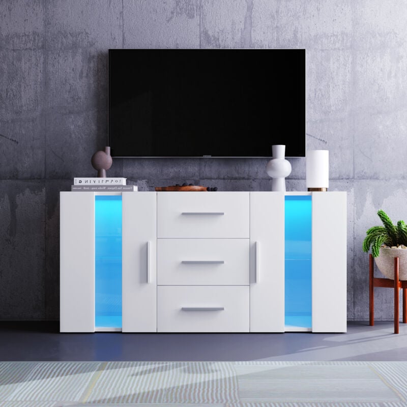 Buffet blanc, commode de rangement, meuble tv avec éclairage led pour salle à manger et salon, 140x35x70 cm
