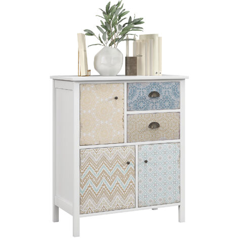 Buffet, commode chic délabrée, 2 tiroirs, 3 compartiments d’armoires, bois de pin, 68x34x80cm, blanc