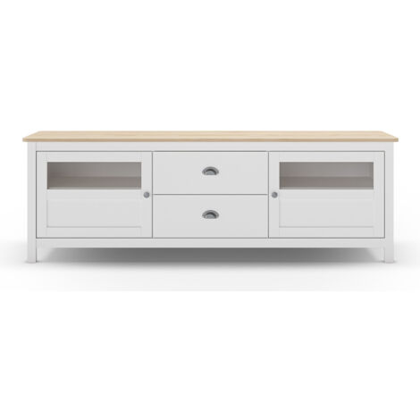 Buffet, commode de rangement avec 2 tiroirs et 2 portes en pin coloris blanc, chêne - Longueur 180 x Profondeur 40 x Hauteur 59,30 cm
