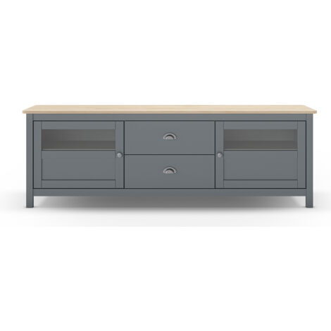 Buffet, commode de rangement avec 2 tiroirs et 2 portes en pin coloris Vert kaki, chêne  - Longueur 180 x Profondeur 40 x Hauteur 59,30 cm
