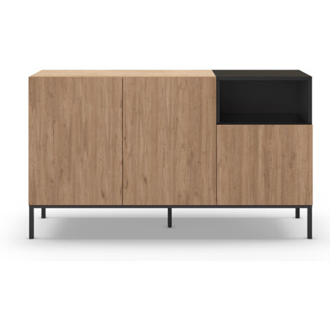 Buffet, commode de rangement avec 3 tiroirs aspect bois coloris naturel, noir et pieds en métal coloris noir  - Longueur 140 x Profondeur 40 x Hauteur 80 cm