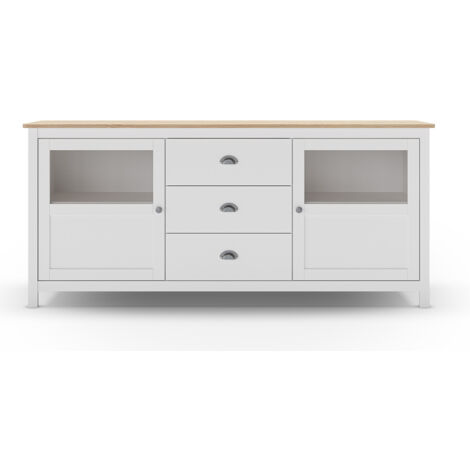 Buffet, commode de rangement avec 3 tiroirs et 2 portes en pin coloris blanc, chêne - Longueur 180 x Profondeur 40 x Hauteur 80 cm