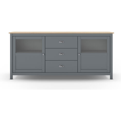 Buffet, commode de rangement avec 3 tiroirs et 2 portes en pin coloris Vert kaki, chêne - Longueur 180 x Profondeur 40 x Hauteur 80 cm