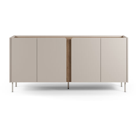 Buffet, commode de rangement avec 4 portes aspect bois coloris crème, chêne et pieds en métal -Longueur 180 x Profondeur 40,50 x Hauteur 82,50 cm