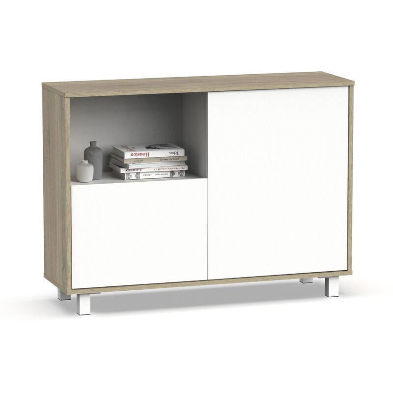 Buffet, commode de salon coloris chêne cambrian, blanc - Longueur 112 x Profondeur 33 x hauteur 83 cm Pegane