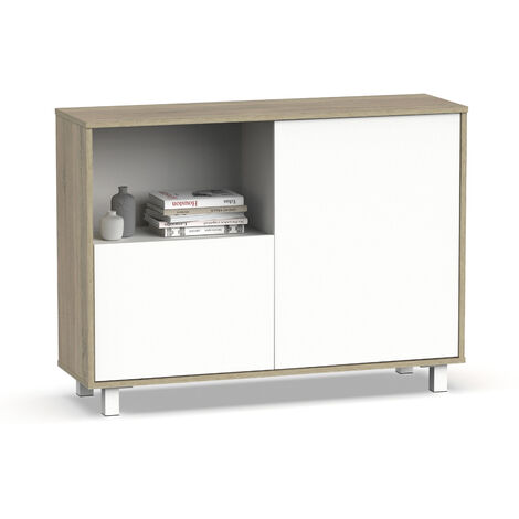 Buffet, commode de salon coloris chêne cambrian, blanc - Longueur 112 x Profondeur 33 x hauteur 83 cm -PEGANE-