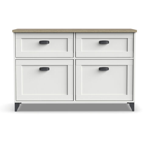 Buffet, commode de salon coloris chêne cambrian, blanc - Longueur 120 x Profondeur 47 x hauteur 80 cm -PEGANE-