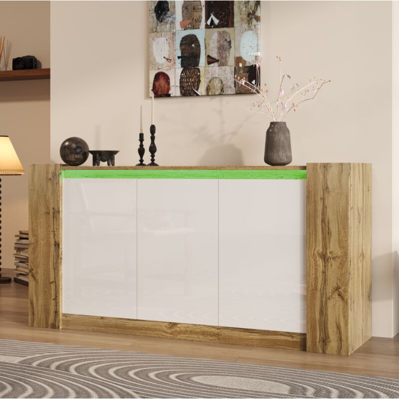 Buffet Commode en blanc brillant et bois avec LED,Design sans poignée,étagères réglables,150L x 40P x 70.5H cm,Naturel