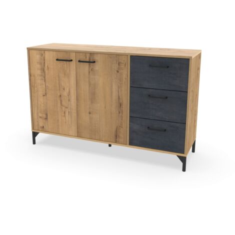 Buffet commode meuble de rangement coloris chêne doré/effet marbre noir - Longueur 135 x Profondeur 40 x Hauteur 85 cm