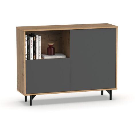 Buffet commode meuble de rangement coloris Gris/Chêne doré - Longueur 112 x Profondeur 33 x Hauteur 86 cm