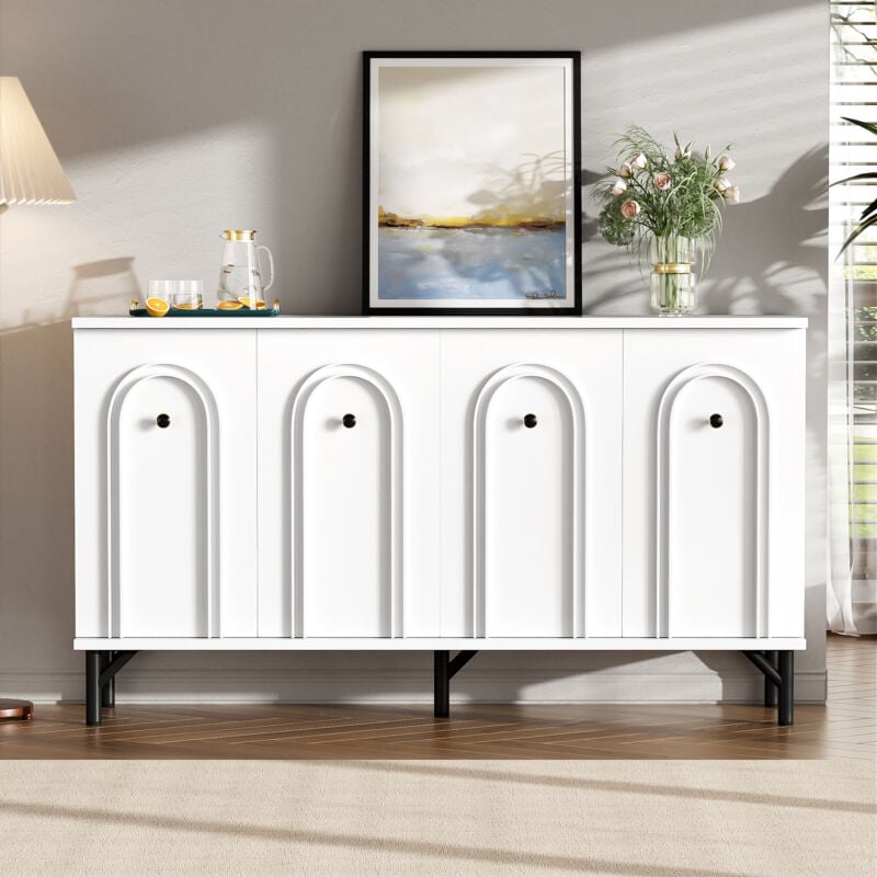Buffet Commode moderne 4 portes Blanc,Design élégant,Conception de porte incurvée 3D,étagère réglable,140L x 34P x 78H cm