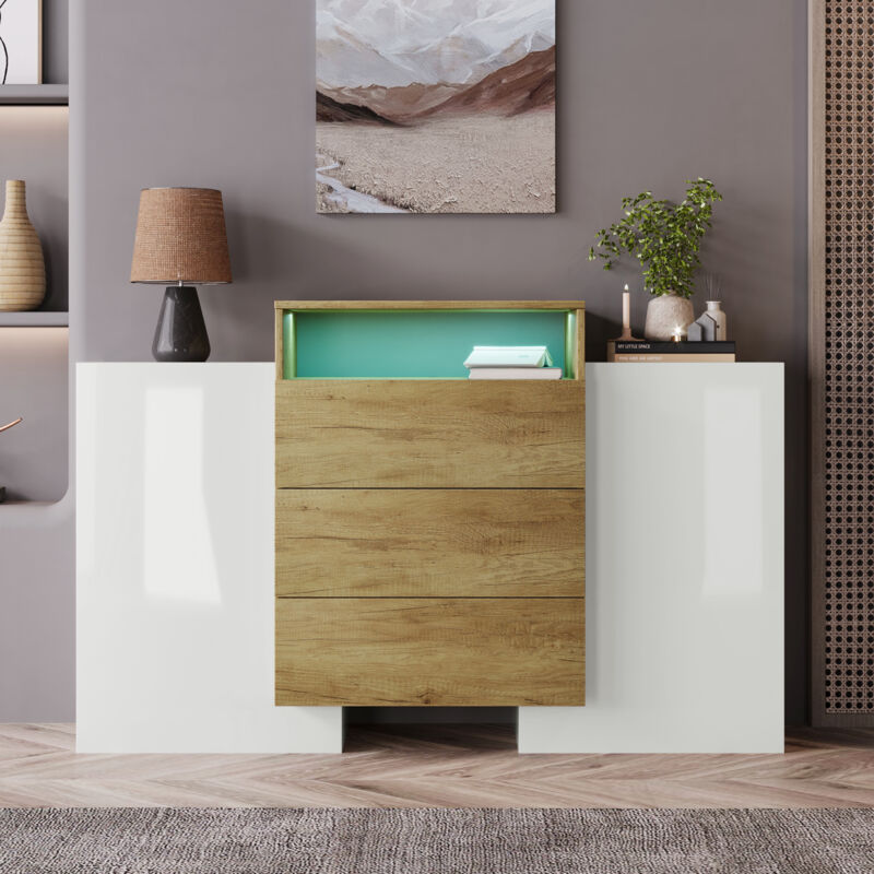 Buffet, commode moderne, armoire 140cm, coloris blanc brillant et bois, effets lumineux LED multicolores. Solution de rangement élégante