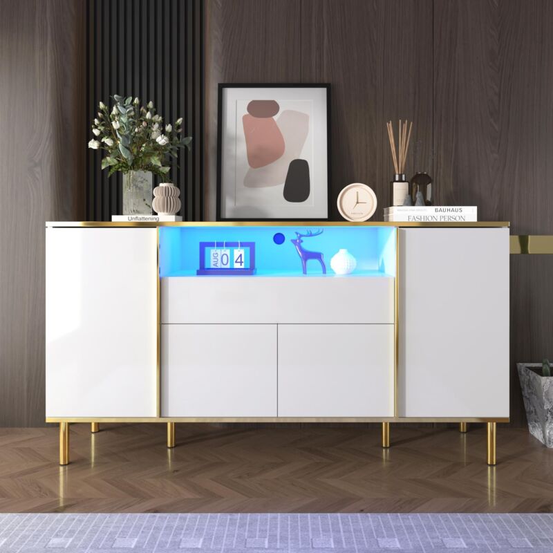 Buffet Commode Moderne Blanc Brillante avec led + 2 Tiroirs,Décoration luxueuse en ligne dorée,150L x 40P x 80H cm