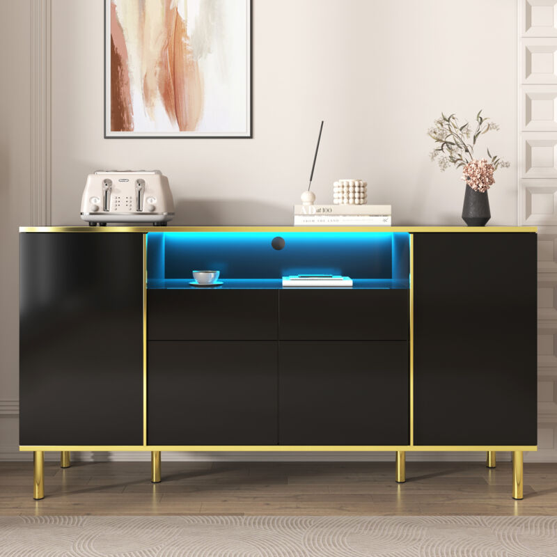Buffet Commode Moderne Noire Brillante avec led + 2 Tiroirs,Décoration luxueuse en ligne dorée,150L x 40P x 80H cm