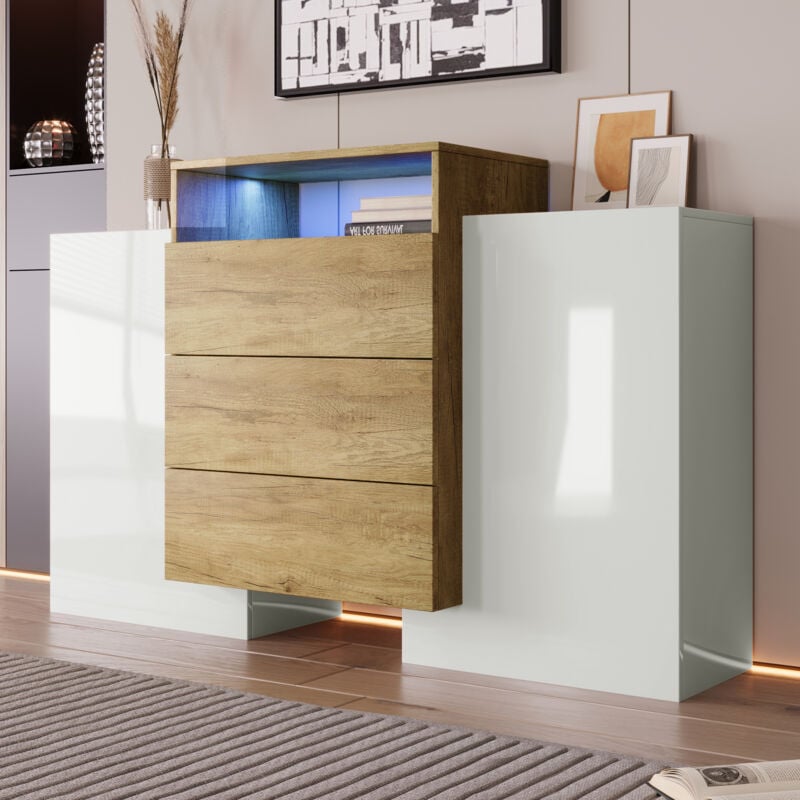 Buffet, commode moderne, placard 140cm, coloris blanc brillant et bois, effets lumineux led multicolores. Solution de rangement élégante Okwish