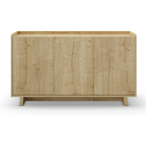 Buffet, commode rectangulaire aspect bois avec 3 portes coloris chêne - Longueur 140 x Profondeur 40 x Hauteur 80 cm