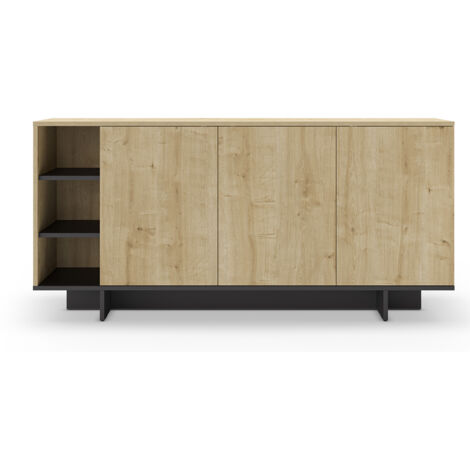 Buffet, commode rectangulaire aspect bois coloris chêne, noir - Longueur 170 x Profondeur 40 x Hauteur 80 cm