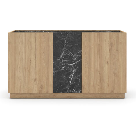 Buffet, commode rectangulaire avec 3 portes aspect bois coloris naturel et effet marbre noir  - Longueur 140 x Profondeur 41,80 x Hauteur 78,50 cm