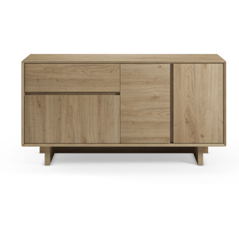 Buffet, commode rectangulaire avec 3 portes et 1 tiroir aspect bois coloris chêne - Longueur 146 x Profondeur 45 x Hauteur 76,5 cm