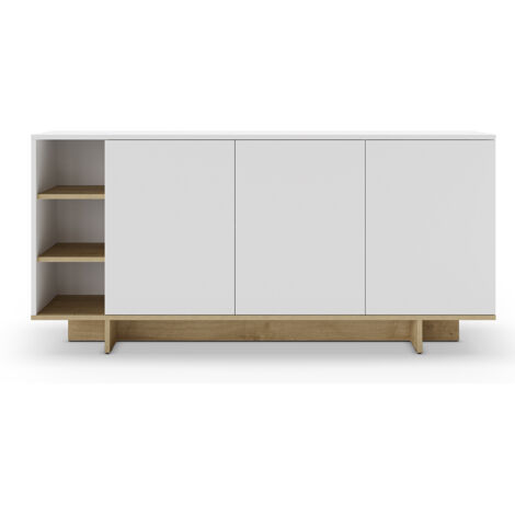Buffet, commode rectangulaire avec 3 portes et 3 niches aspect bois coloris chêne, blanc - Longueur 170 x Profondeur 40 x Hauteur 80 cm