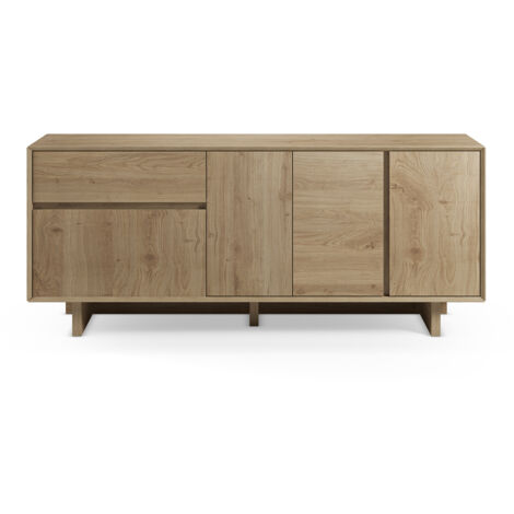 Buffet, commode rectangulaire avec 4 portes et 1 tiroir aspect bois coloris chêne - Longueur 180 x Profondeur 45 x Hauteur 76,5 cm